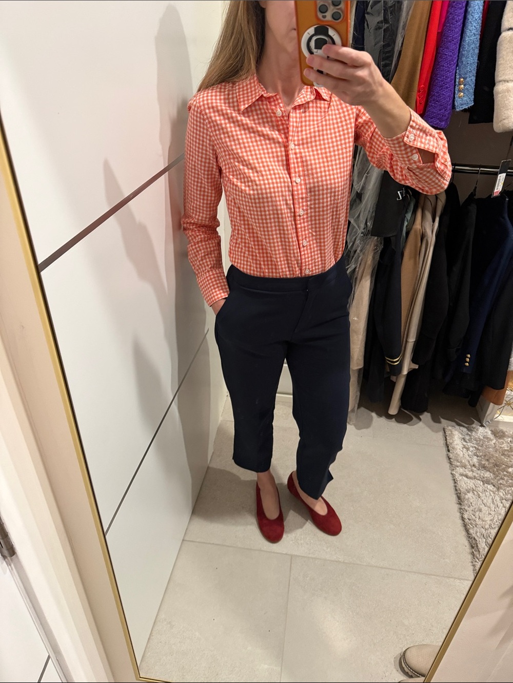 Izod Light orange and white gingham checked button up long sleeve shirt Small
